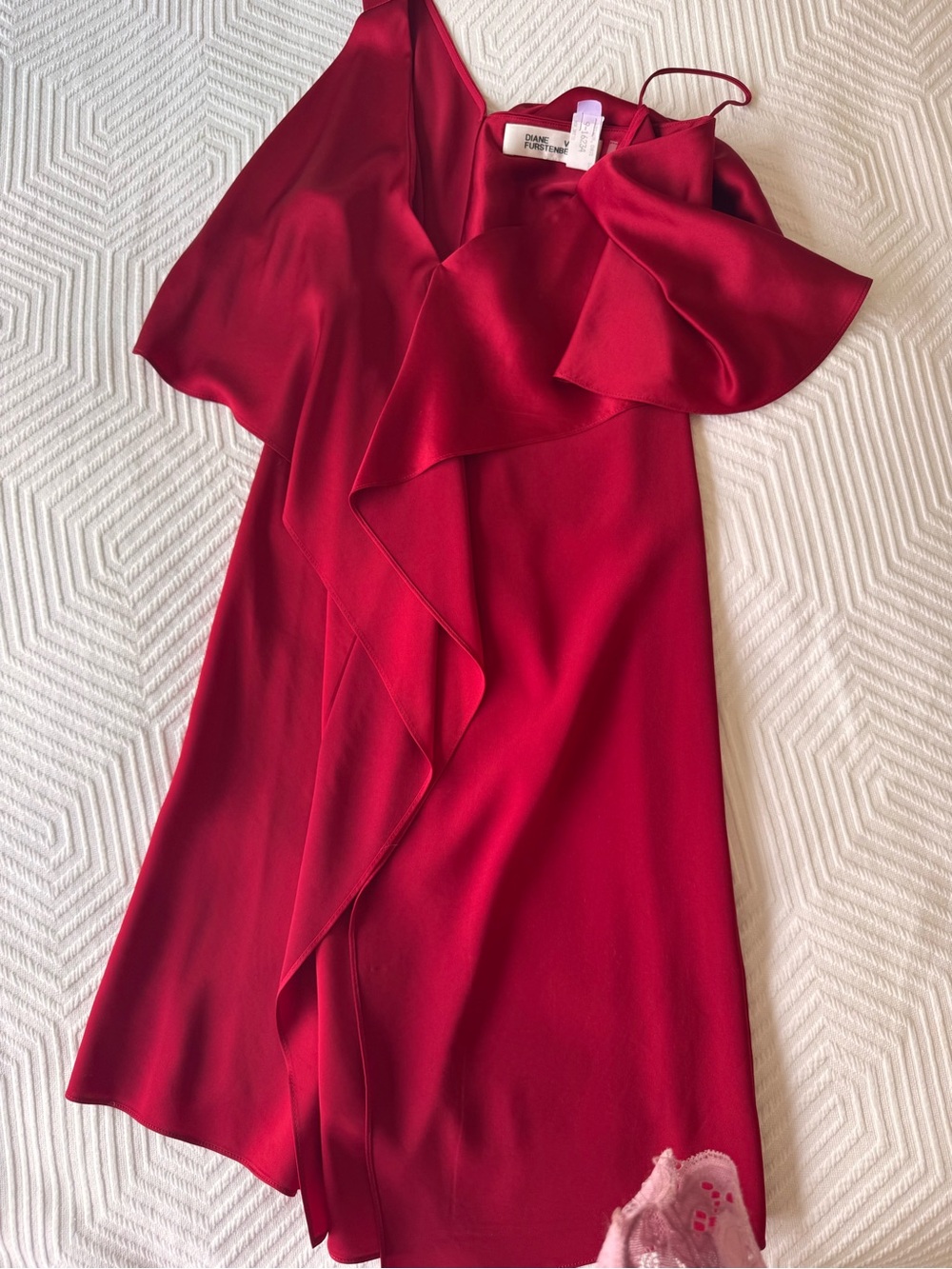 Diane Von Furstenberg Cherry Red One-Shoulder Ruffle Dress - Picture 4 of 5